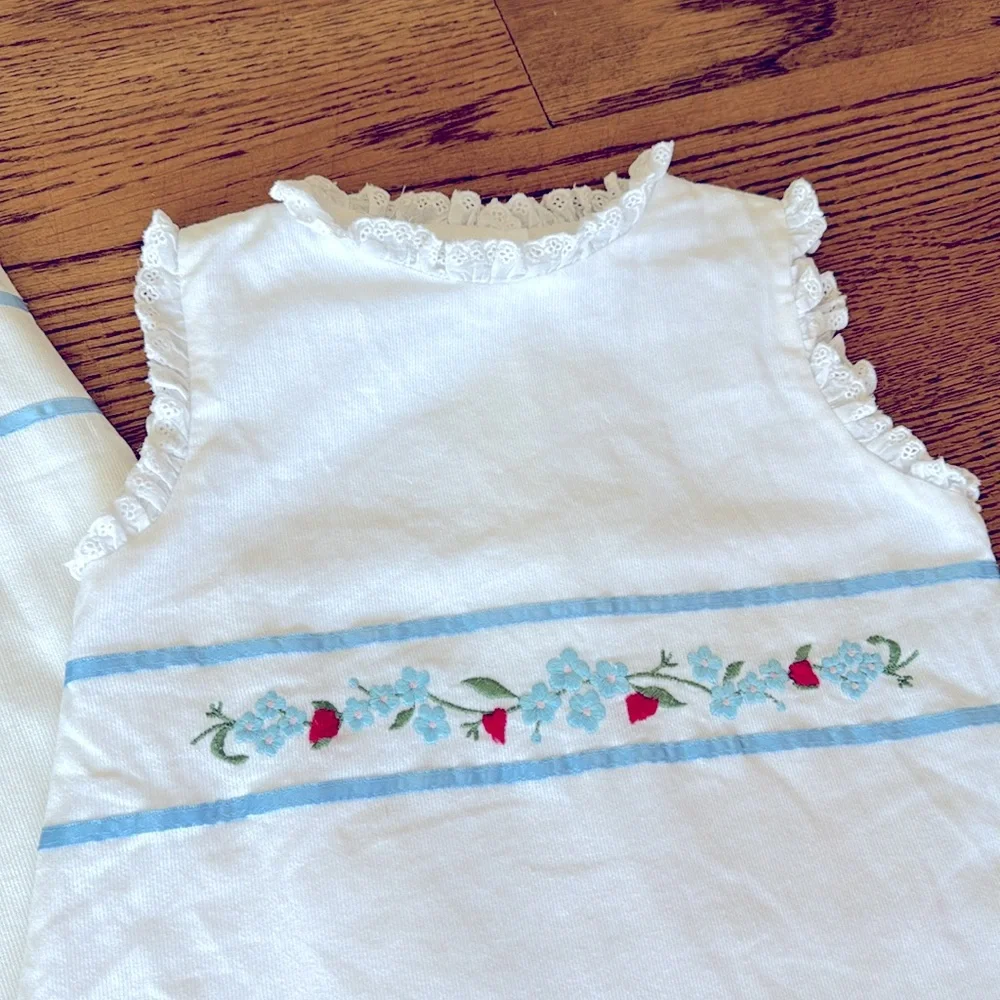 White Embroidered Sleeveless Kids Dress with Blue Trim